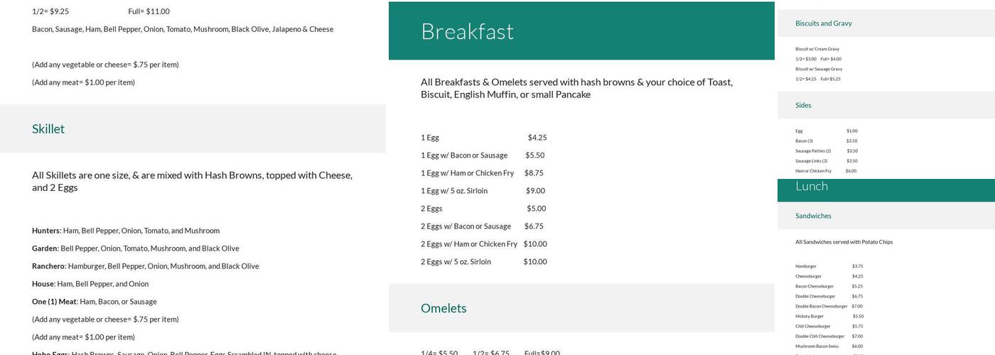 Hunters Cafe Menu