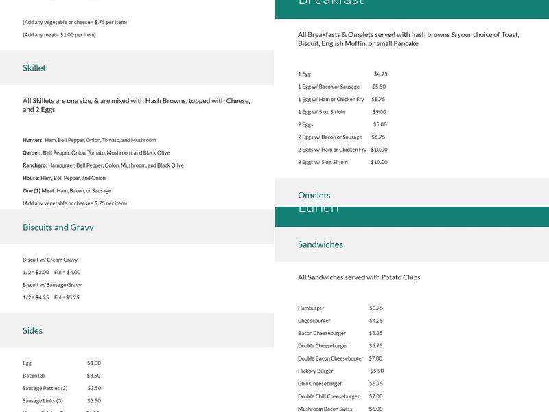 Hunters Cafe Menu