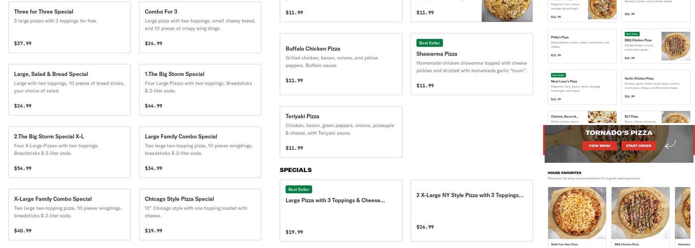 Tornado's Pizza Menu