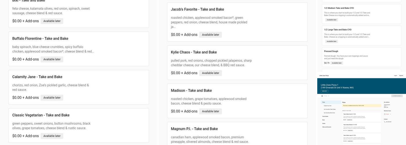 Little Zoe's Pizza. Brick oven and Take & Bake Menu