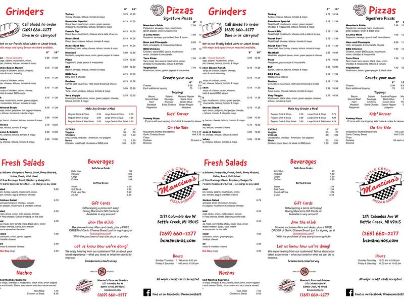 Mancino's Pizza and Grinders Menu