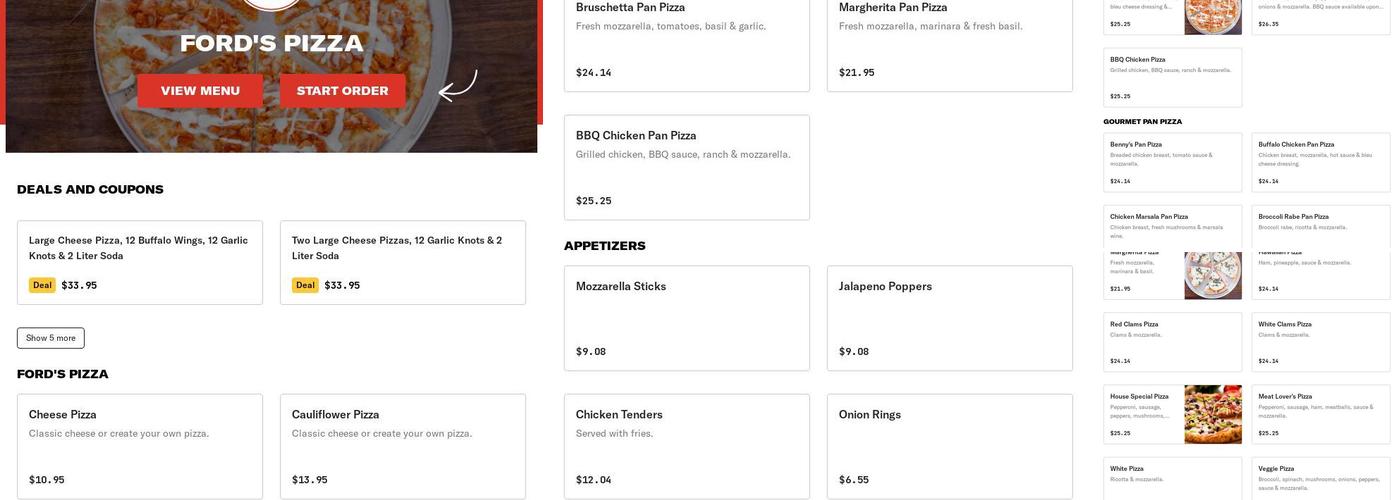 Fords Pizza Restaurant Menu