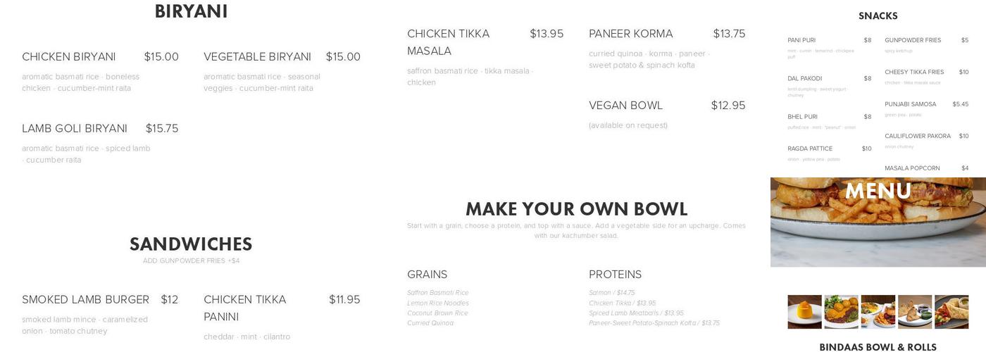 Bindaas Menu