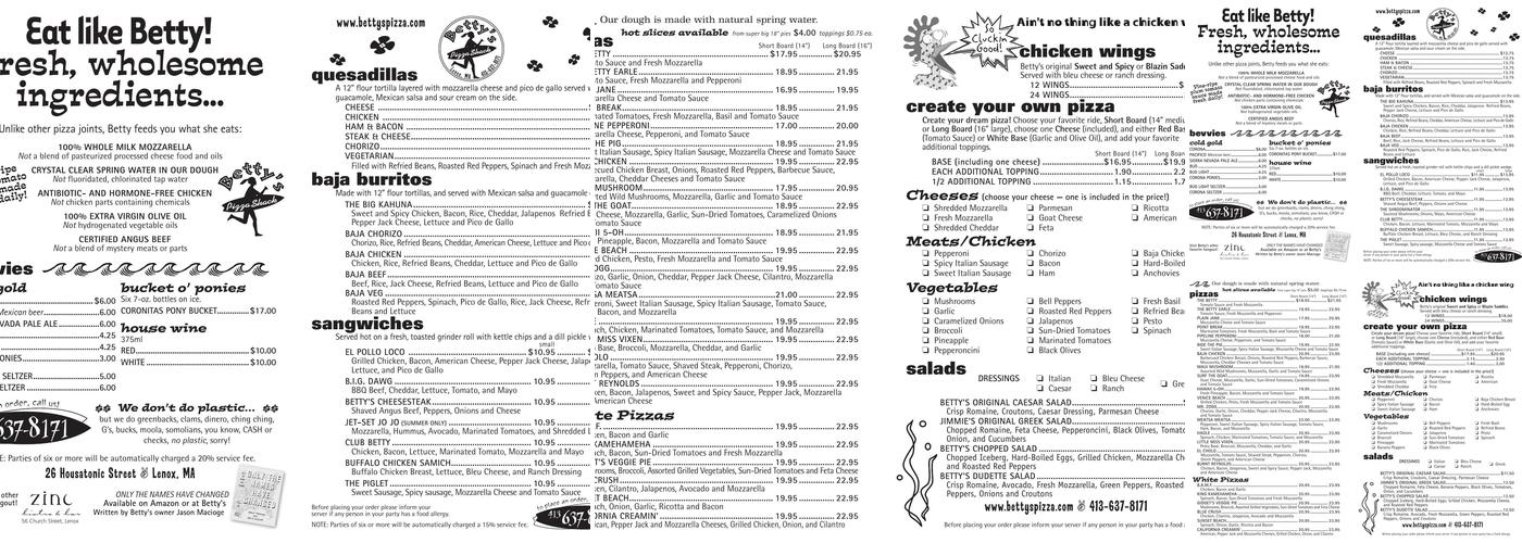 Betty's Pizza Shack Menu