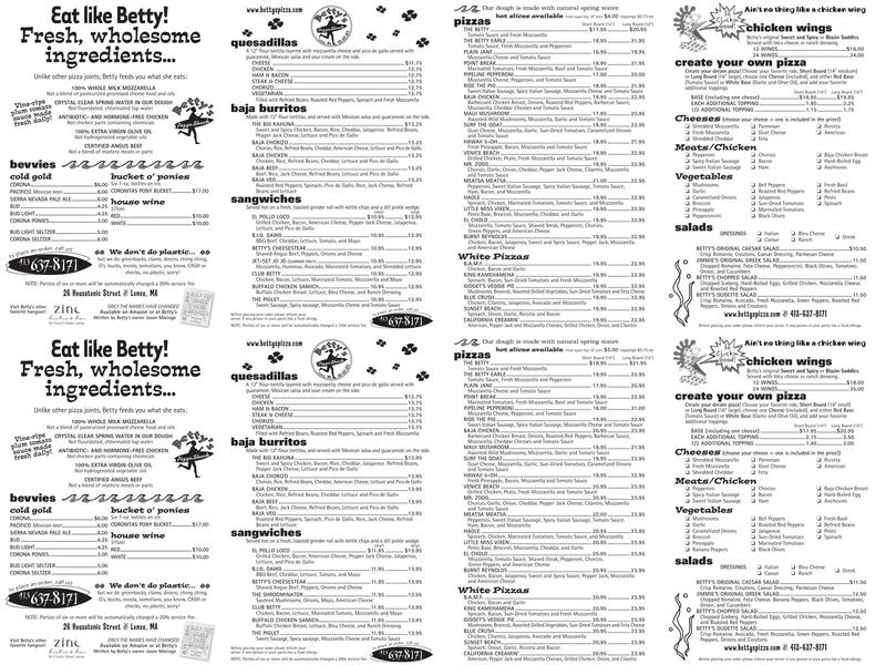 Betty's Pizza Shack Menu