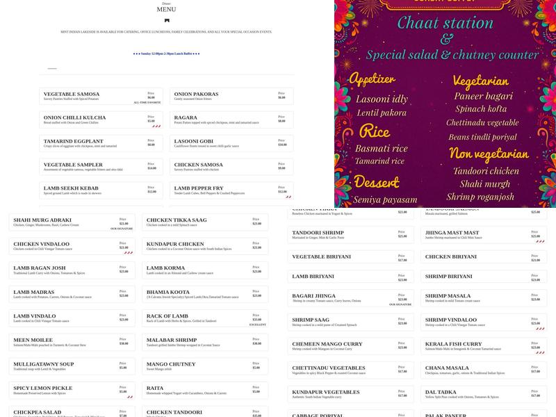 MINT - Lakeside Indian Dining & Bar Menu