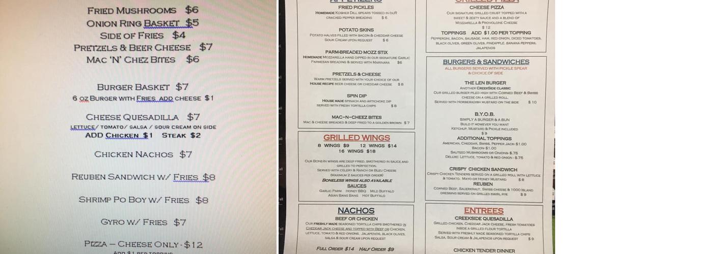 Creekside Bar & Grille Menu