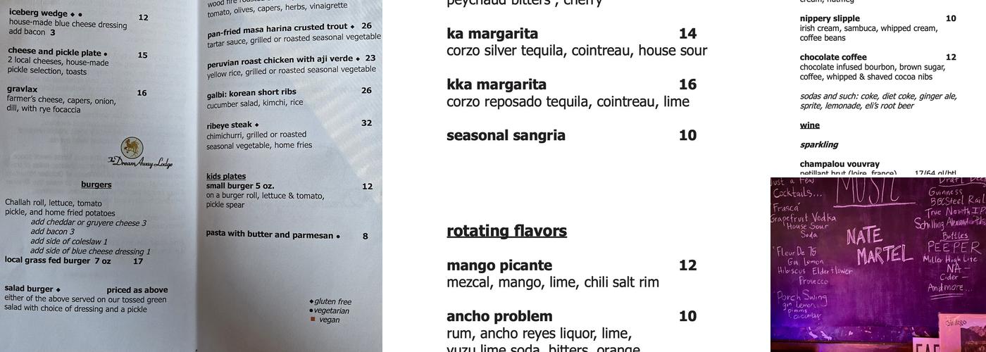 The Dream Away Lodge Menu