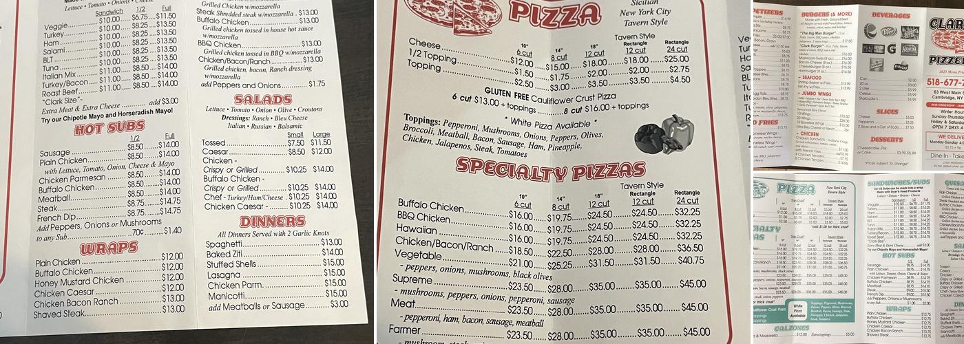 Clark's Pizzeria Menu