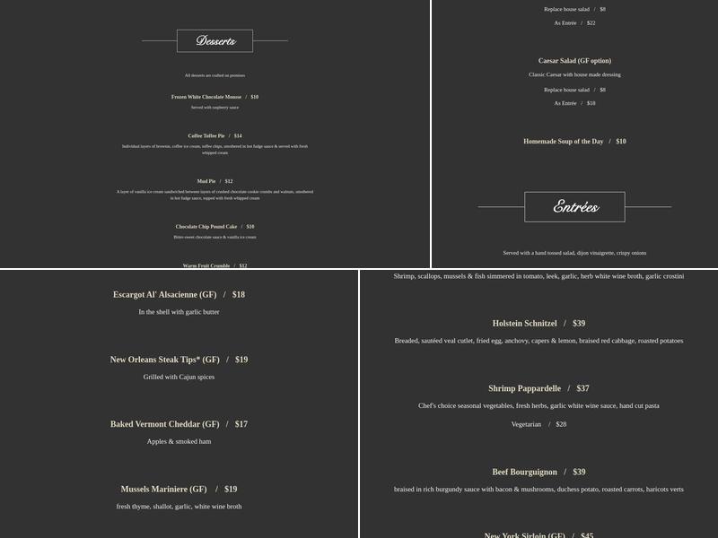 Two Tannery Road Menu