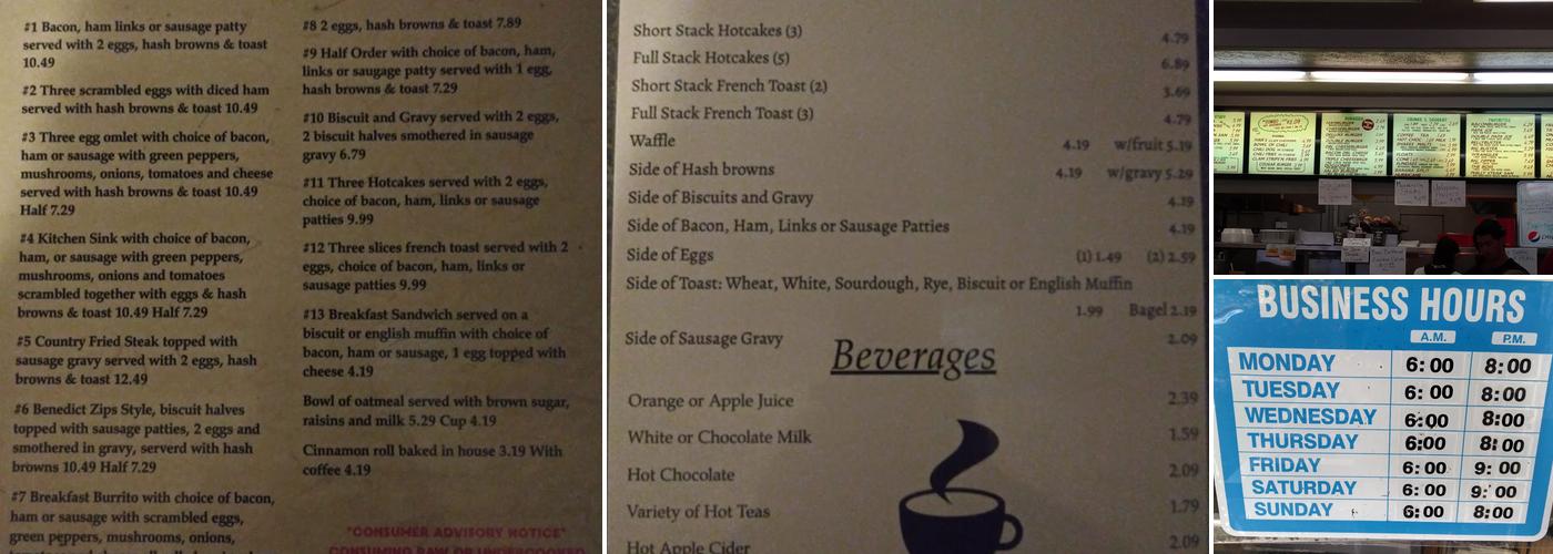Zip's Drive In Menu
