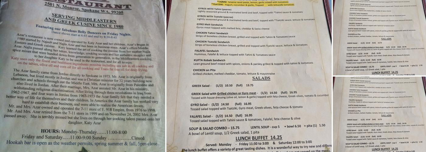 Azars Restaurant Menu