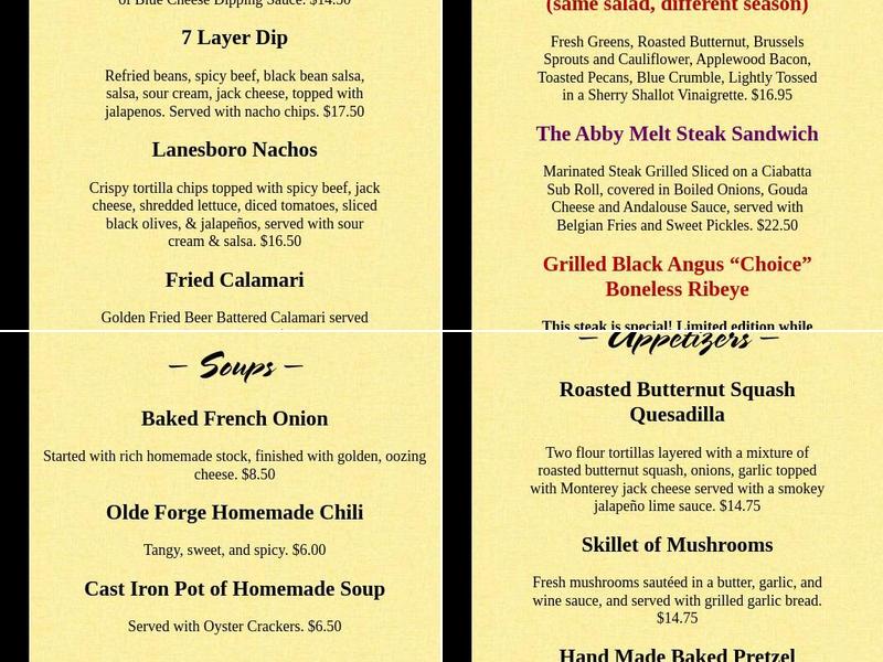Olde Forge Restaurant Menu