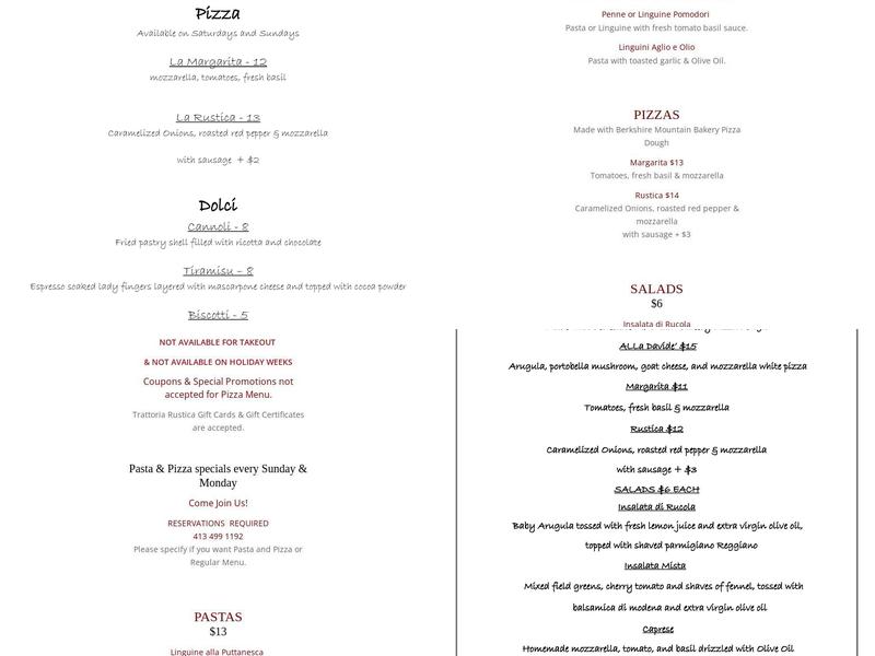 Trattoria Rustica Menu