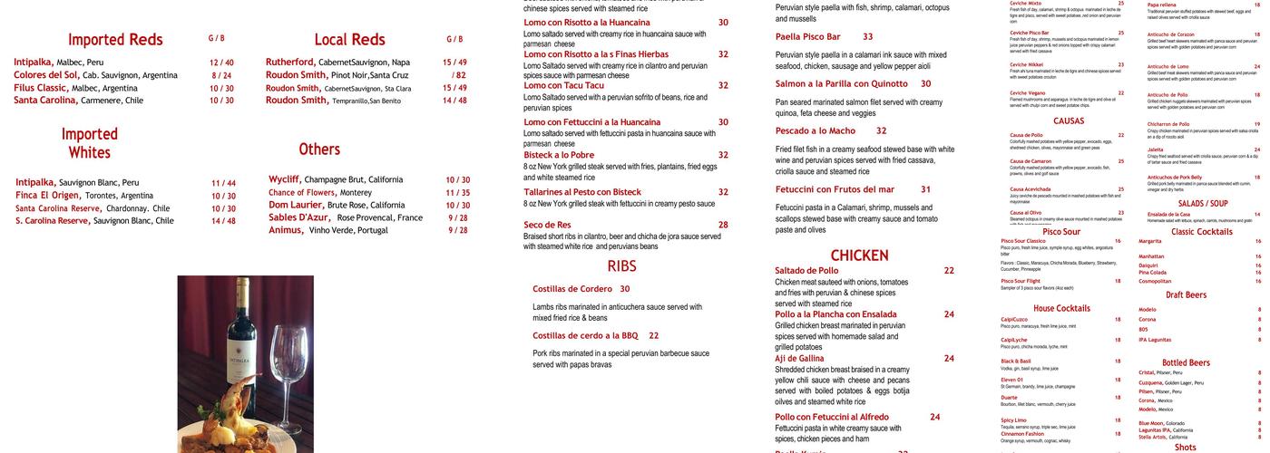 Pisco Bar Menu