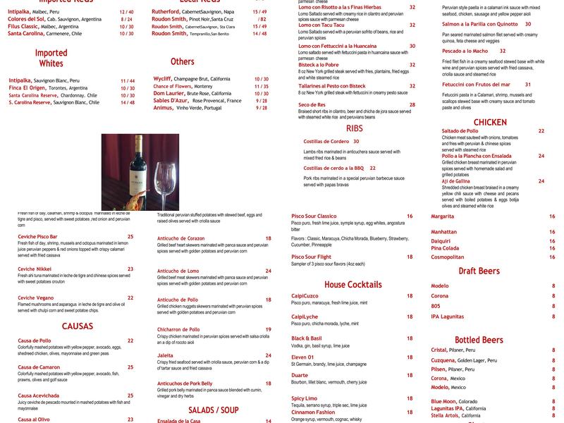 Pisco Bar Menu