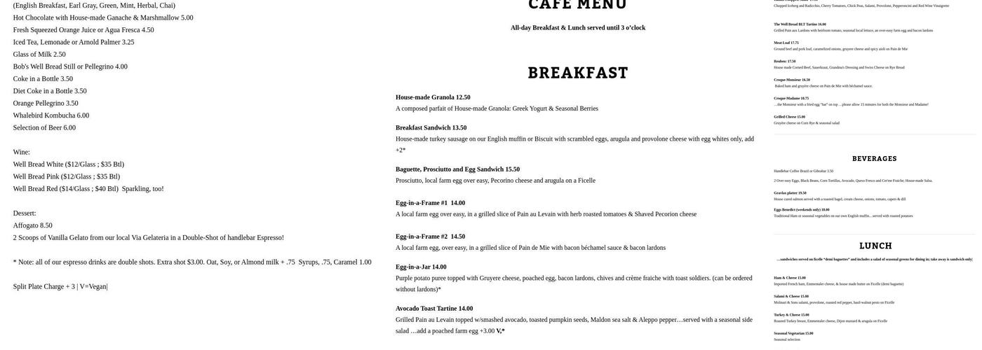 Bob's Well Bread Bakery Menu