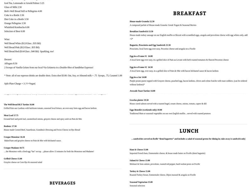 Bob's Well Bread Bakery Menu