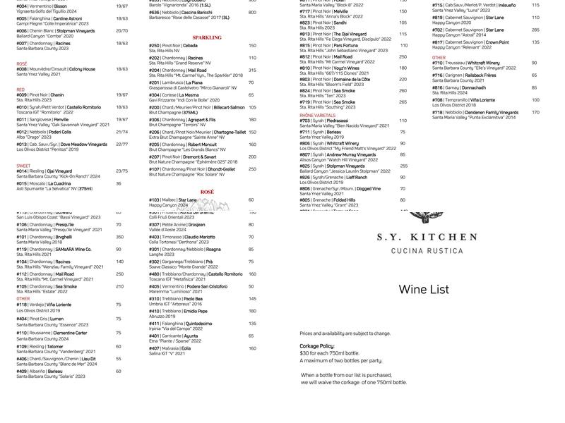 S.Y. Kitchen Menu