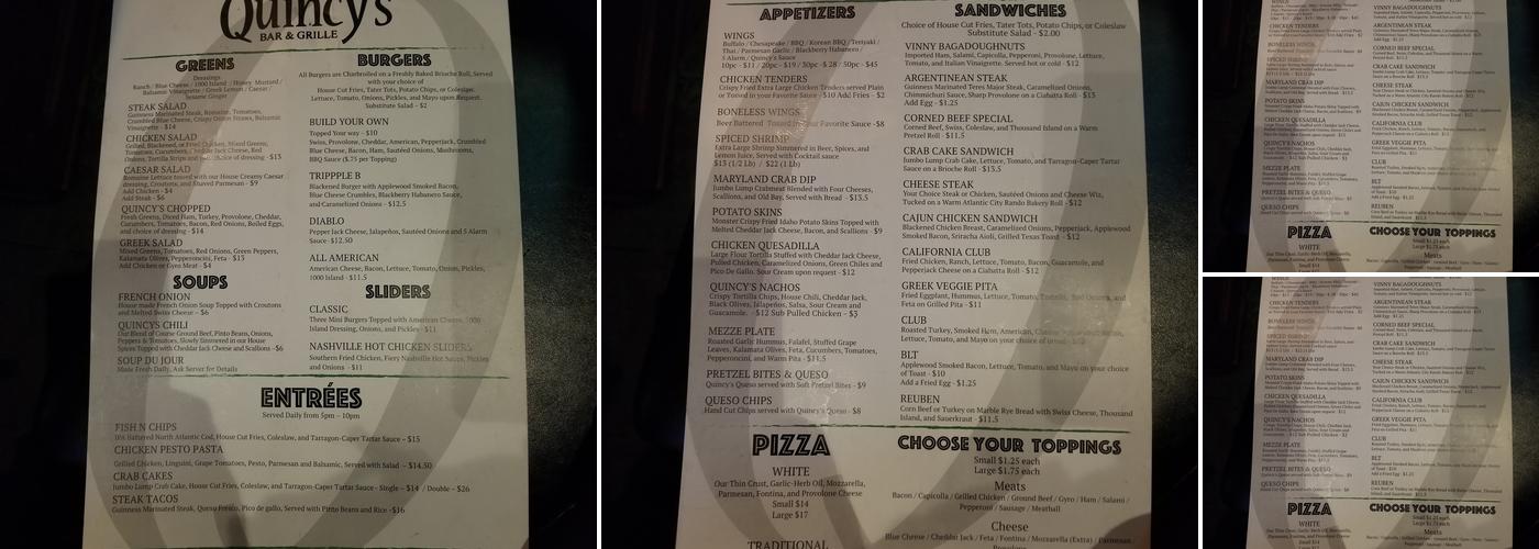 Quincy's Bar and Grille Menu