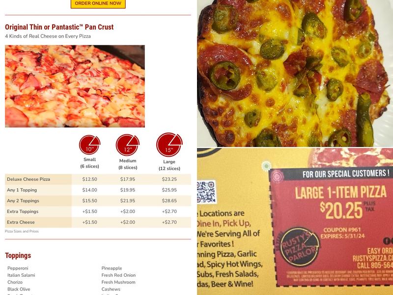Rusty's Pizza Parlor Menu
