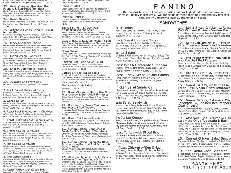 PANINO - Santa Ynez Menu