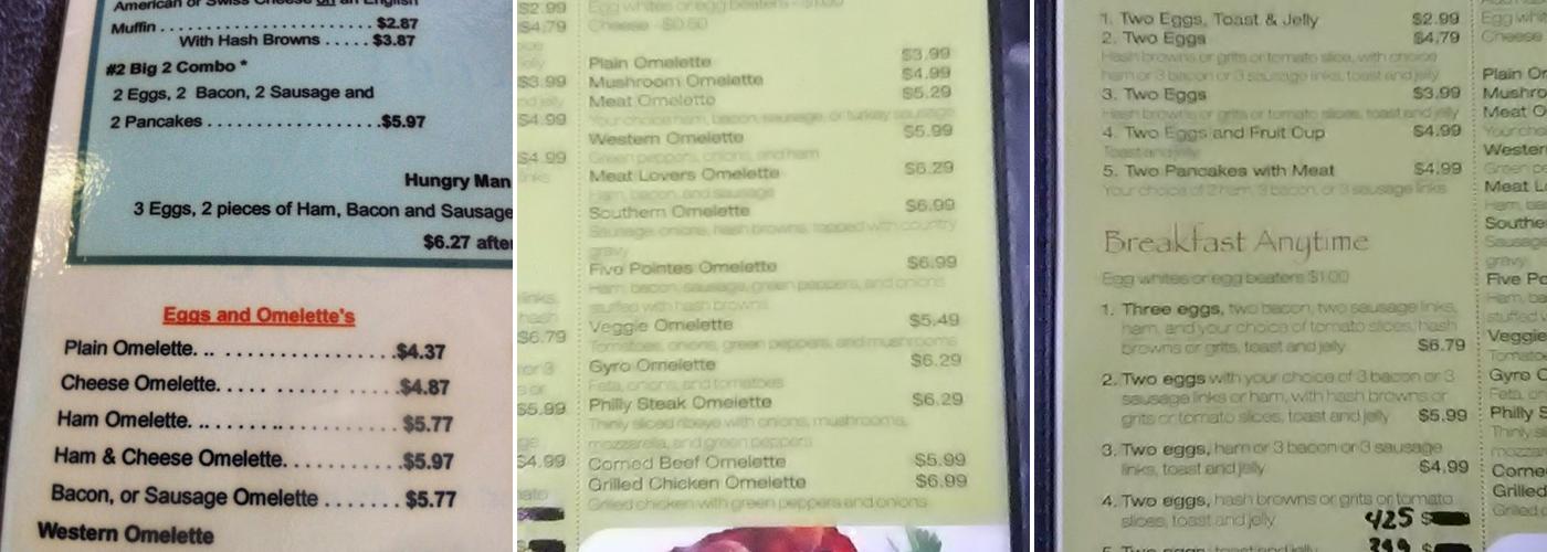 Five Pointes Cafe Menu