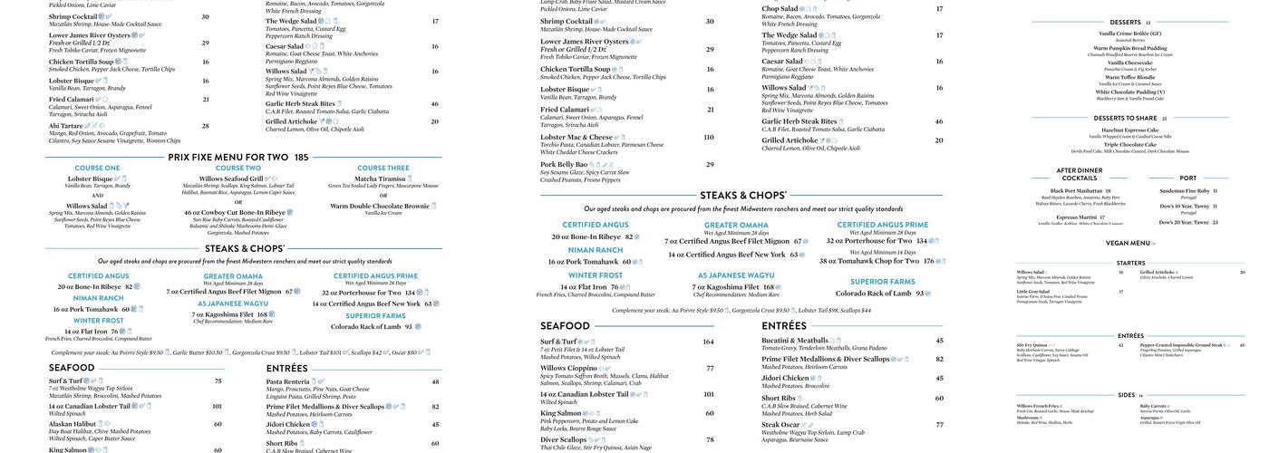 The Willows Menu