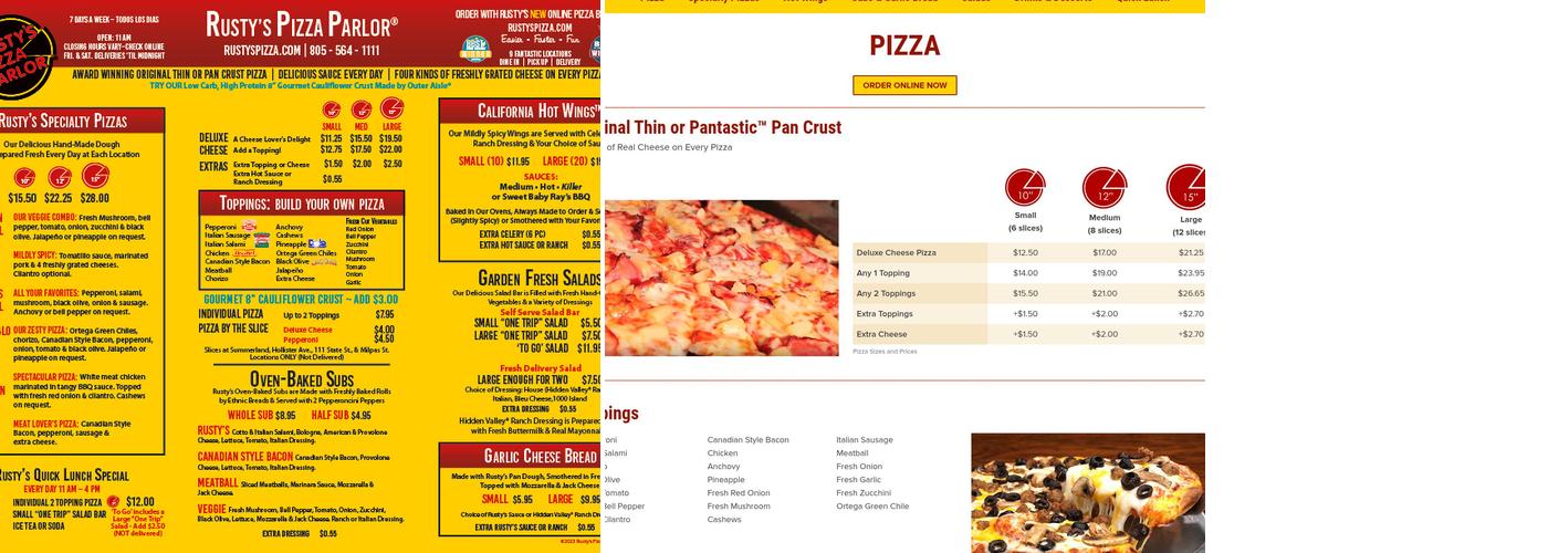 Rusty's Pizza Parlor Menu