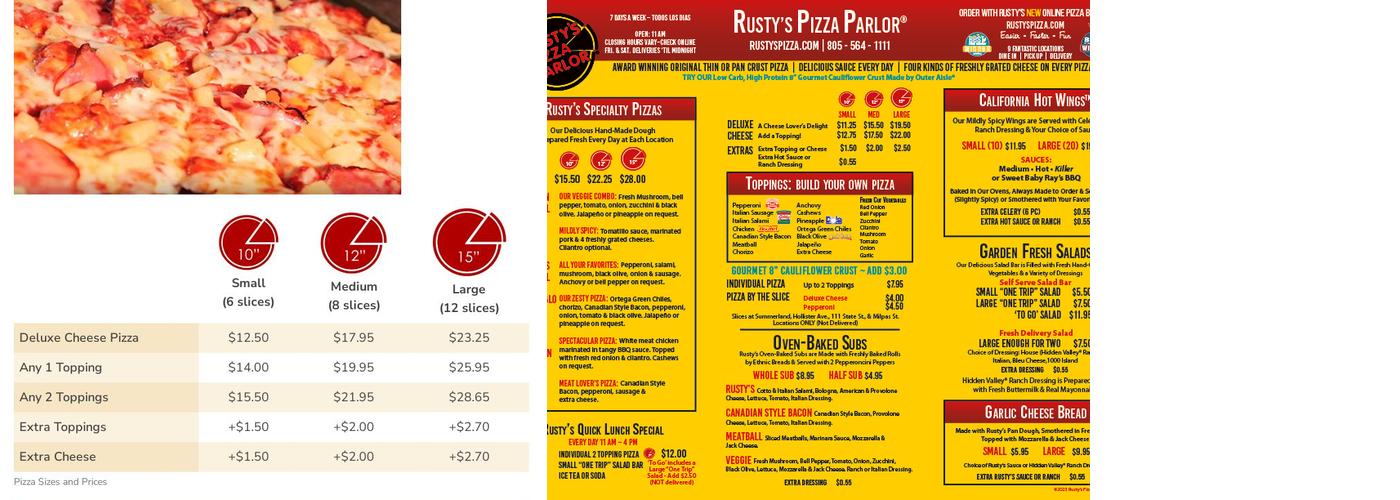Rusty's Pizza Parlor Menu