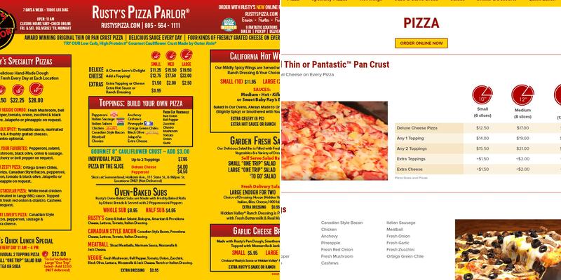 Rusty's Pizza Parlor Menu
