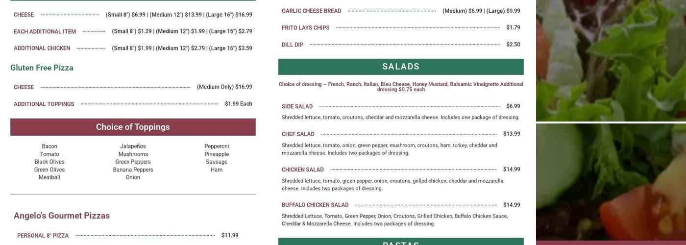 Angelo’s Menu