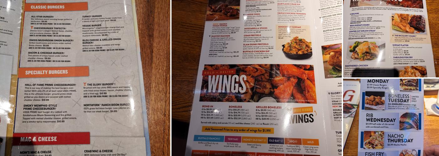 Glory Days Grill Menu