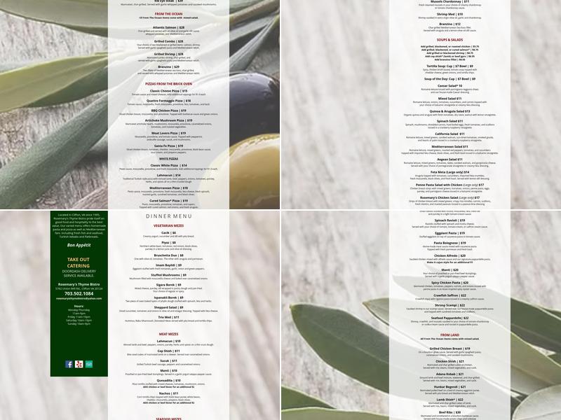 Rosemary's Thyme Bistro Menu