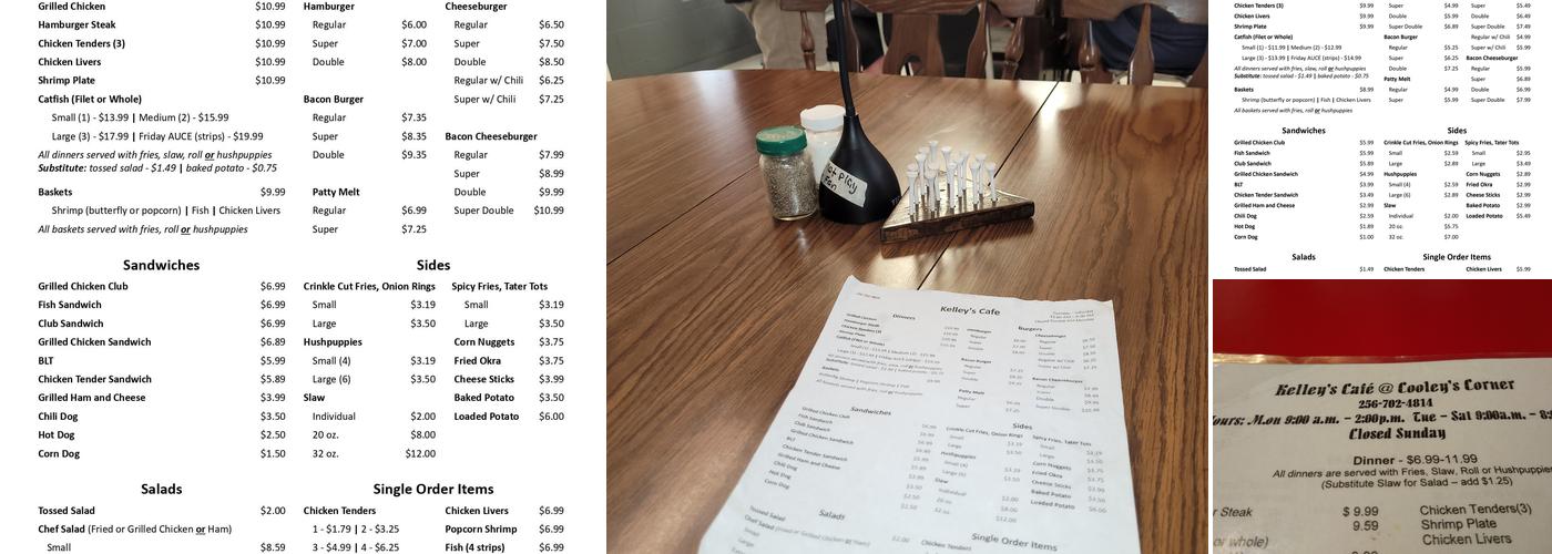 Kelley's Cafe at Cooley's Corner Menu