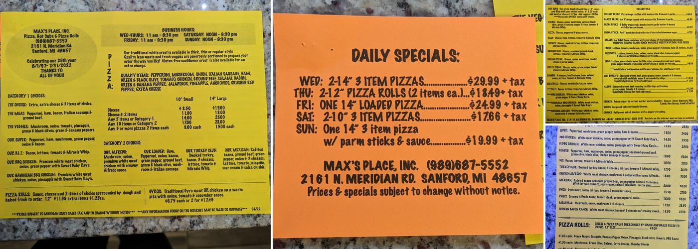 Max's Place Menu