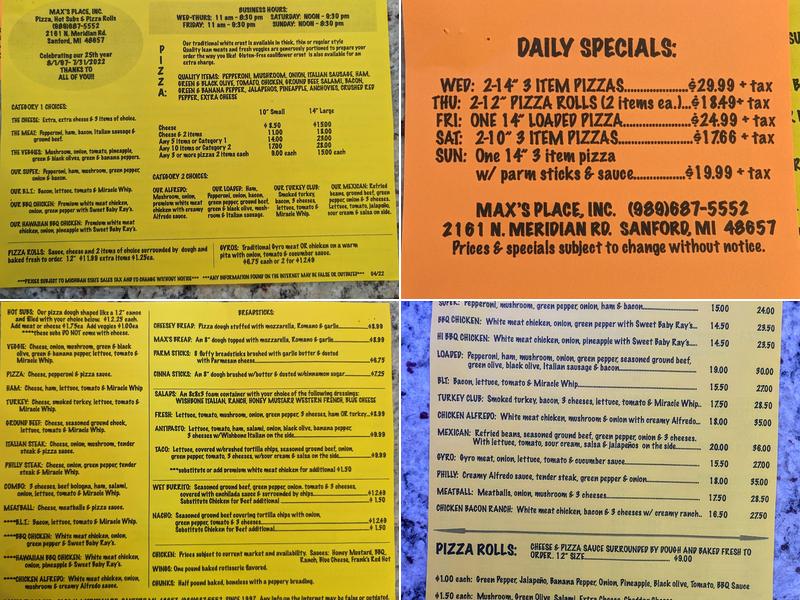 Max's Place Menu