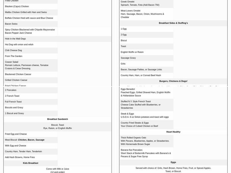 Hole In The Wall Menu