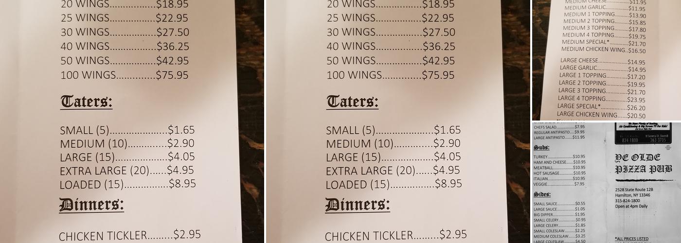 Ye Olde Pizza Pub Menu