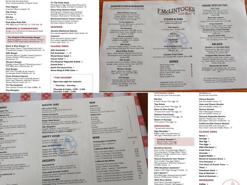 F. McLintocks Saloon Menu