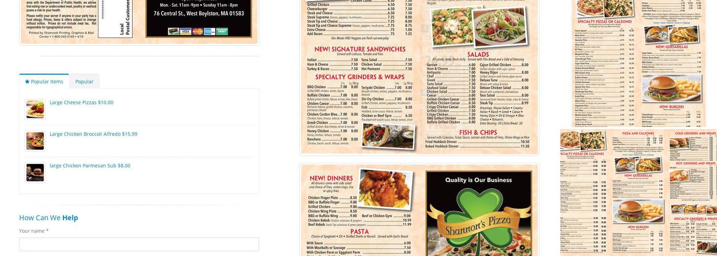 Shannon's Pizza Menu