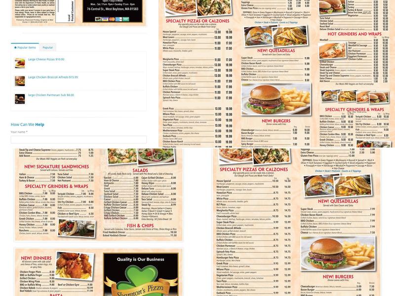 Shannon's Pizza Menu