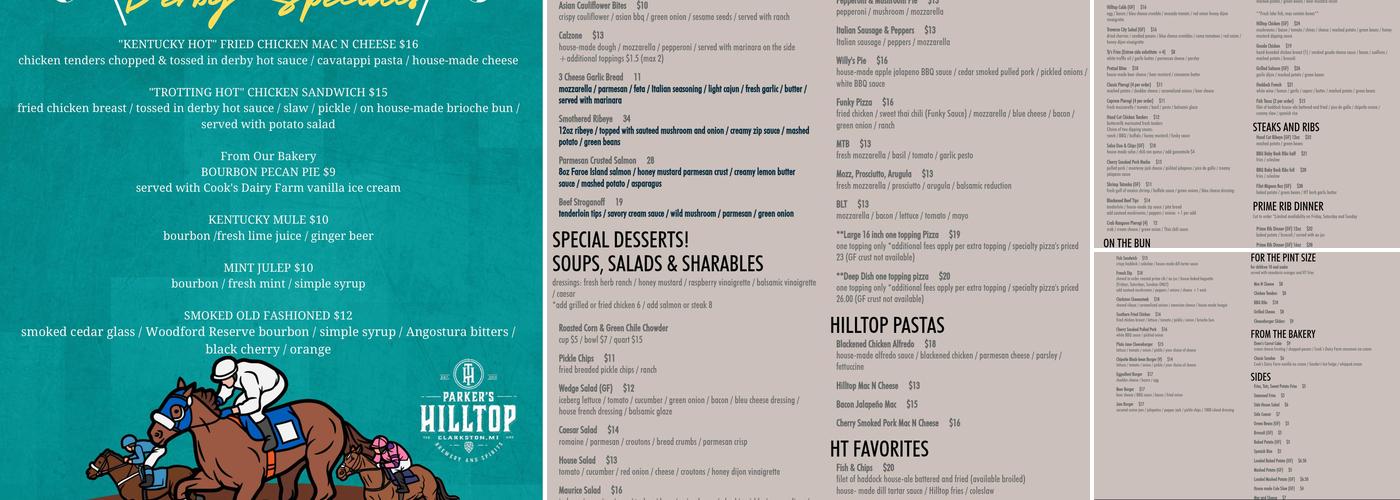 Parker's Hilltop Brewery Menu