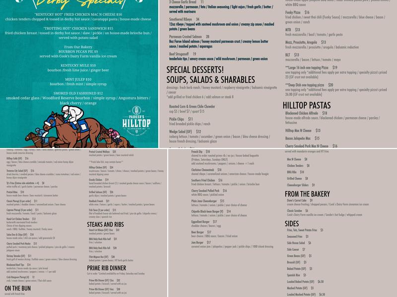 Parker's Hilltop Brewery Menu