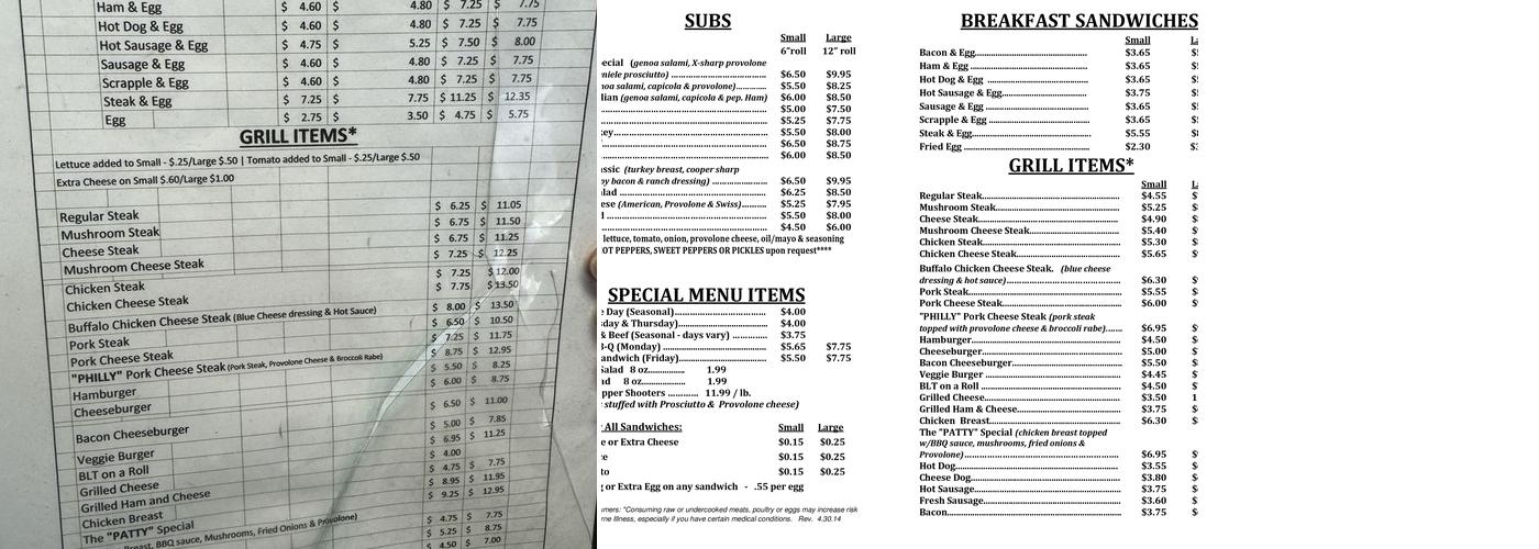 Earl's Sub Shop Menu