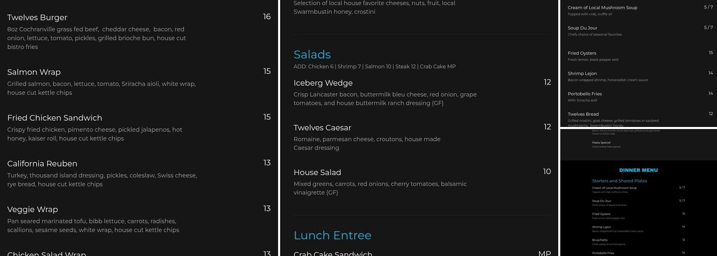 Twelves Grill & Cafe Menu