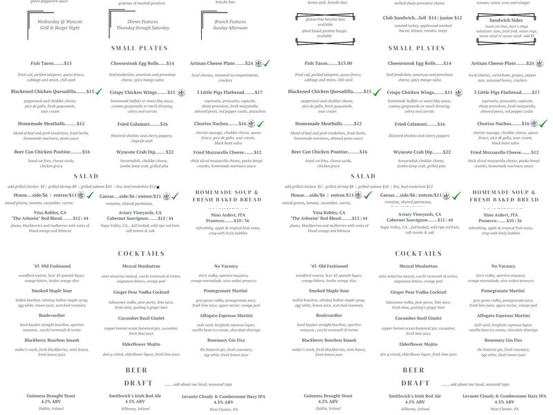 The Pub @ Wyncote Menu