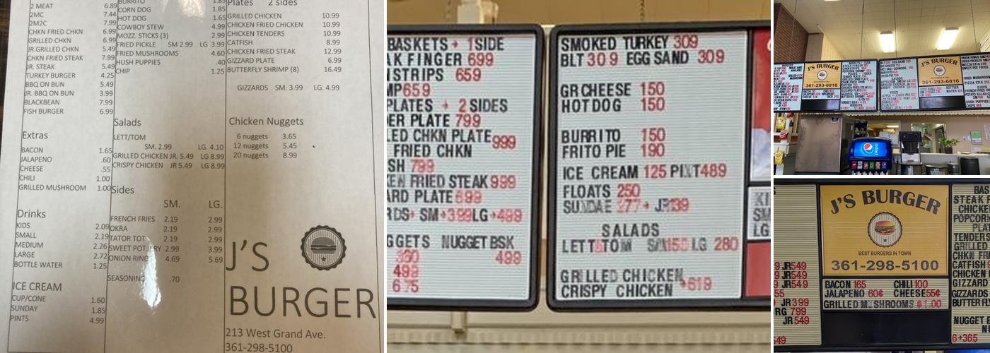 J's Burger Menu