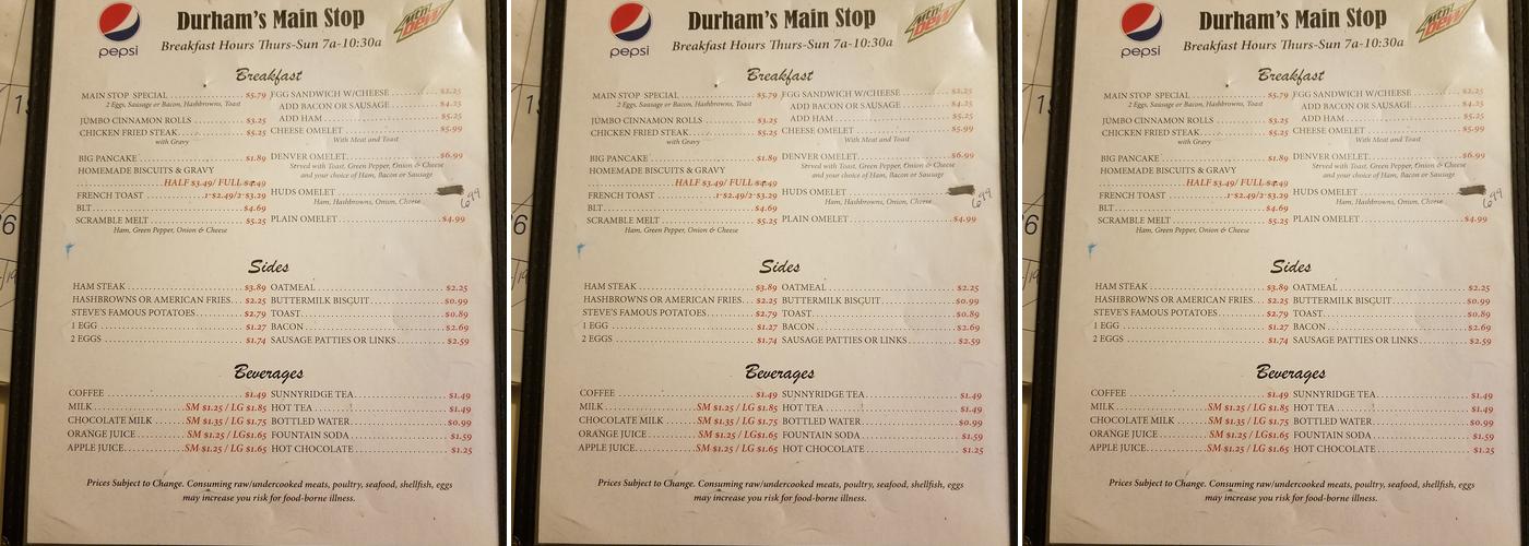 Durhams Main Stop Menu