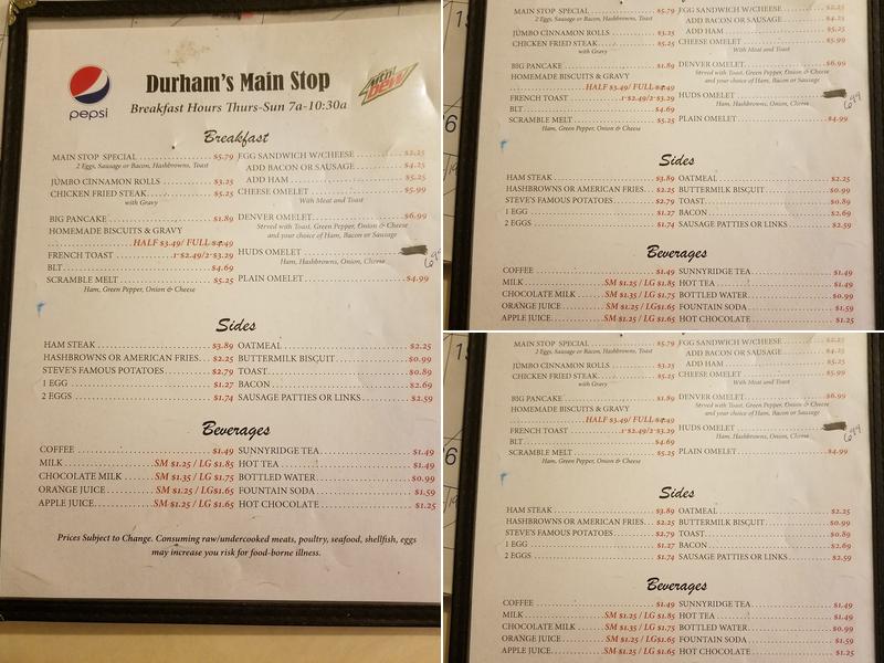 Durhams Main Stop Menu